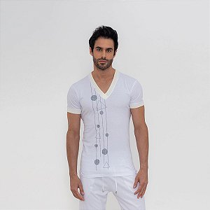 Camiseta Gola Retilínea Geométrica Branco