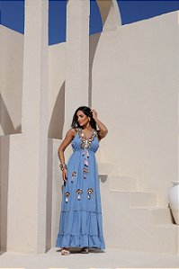 Vestido Longo Jeans Detalhes Coloridos em Bordado - PALAK