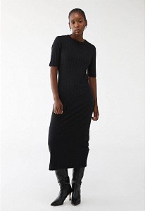 Vestido Canelado Forum Midi Liso Preto- Forum