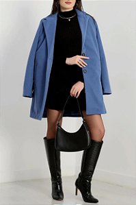 Casaco Longo de Lã Batida Azul Curves Plus Size