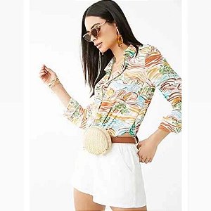 Blusa contemporânea F21 retrô abstrata em tons neutros com gola de chiffon