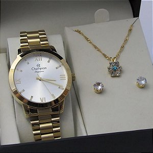 Kit Relógio Champion Feminino CN25163W Colar + Brincos