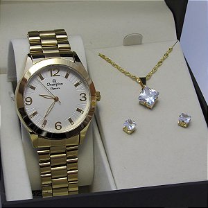 Kit Relógio Champion Feminino CN25216W Colar + Brincos