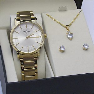 Kit Relógio Champion Feminino CN25627W Colar + Brincos