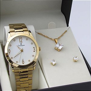Kit Relógio Champion Feminino CN29061W Colar + Brincos