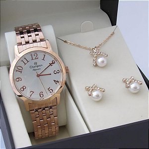 Kit Relógio Champion Feminino CN26171E Colar + Brincos