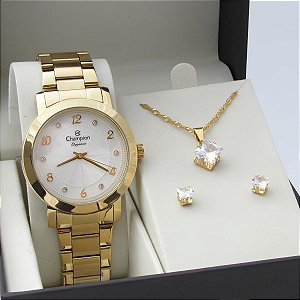 Kit Relógio Champion Feminino CN26573W Colar + Brincos