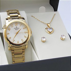 Kit Relógio Champion Feminino CN26626W Colar + Brincos