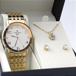 Kit Relógio Champion Feminino CN26671W Colar + Brincos