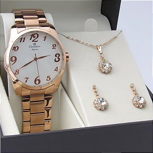 Kit Relógio Champion Feminino CN26715E Colar + Brincos