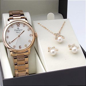Kit Relógio Champion Feminino CN28437E Colar + Brincos