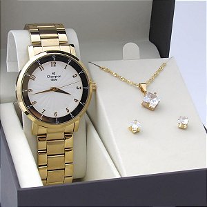 Kit Relógio Champion Feminino CN26662W Colar + Brincos