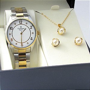 Kit Relógio Champion Feminino CN25690F Colar + Brincos