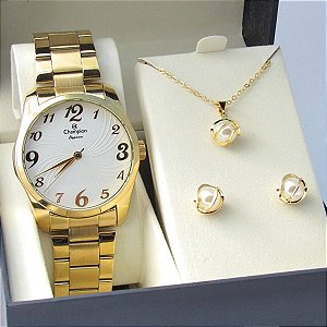Kit Relógio Champion Feminino CN26715W Colar + Brincos