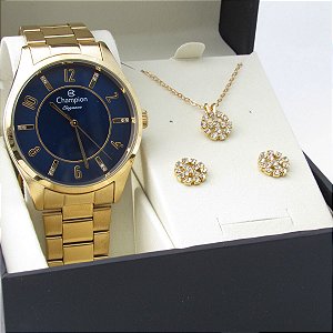 Kit Relógio Champion Feminino CN26288K com Colar e Brincos