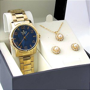 Kit Relógio Champion Feminino CN25181O com Colar e Brincos
