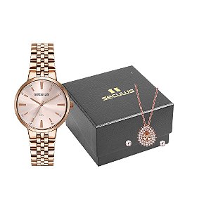 Kit Relógio Feminino Seculus colar e brincos 77266LPSVRS2K1