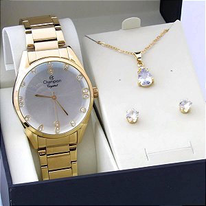 Kit Relógio Champion Feminino CN25547B com Colar e Brincos