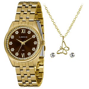Kit Relógio Feminino Lince Dourado LRGJ136L KZ42N3KX