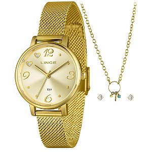 Kit Relógio Feminino Lince Dourado LRGM043L34 K0ERC2KX