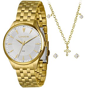 Relógio Lince Feminino Dourado Kit Colar Cruz – LRGH223L40