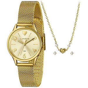 Relógio Lince Feminino Dourado Kit Colar Coração – LRGH242L30