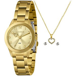 Relógio Lince Feminino Dourado Kit Colar Coração LRG4844L34