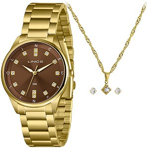 Relógio Lince Feminino Dourado Kit Colar Cristal – LRGH246L40