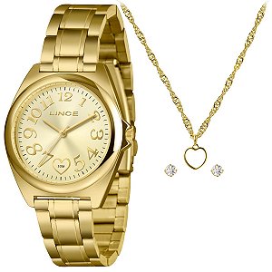 Relógio Lince Feminino Dourado Colar e Brincos LRGM051L38