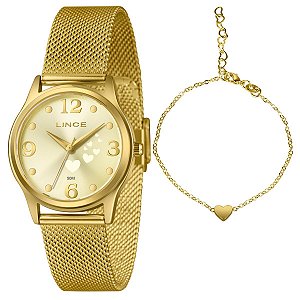 Relógio Lince Feminino Dourado Colar e Brincos LRGM061L34