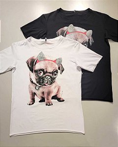 Blusa Cotton Highlight Manga Curta Pug com Tiara