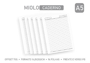 MIOLO PAUTADO A5 PARA CADERNO  96 folhas - OFFSET 75G. 1/1 PB - Embalagem unitária