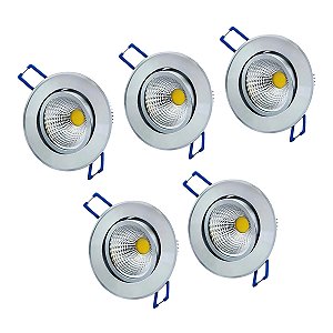 kit 5 unidades Spot de LED embutir redondo direcionável 3w branco frio