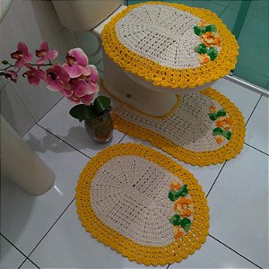 Tapete Banheiro Crochê Jogo Com 3 Peças Flores Promoção Cor - Amarelo