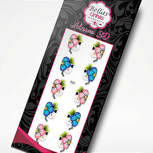 Adesivo para Unhas - Flores Azuis e Rosa