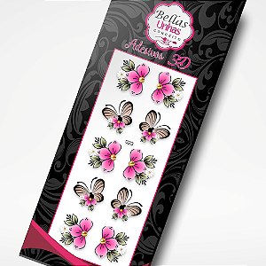 Adesivo para Unhas - Flor Rosa e Borboleta Nude