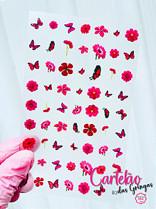 Flores e Borboletas Vermelhas e Pink - Cartelão das Gringas