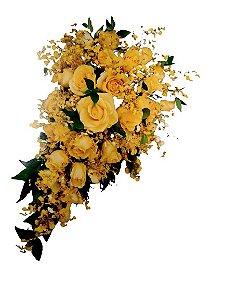 Buquê Cascata com rosas e orquídeas chuva de ouro