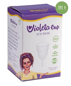 VIOLETA CUP COLETOR MENSTRUAL TRANSPARENTE TIPO A MOTIVO ( MUDANÇA DE LOTE APENAS )