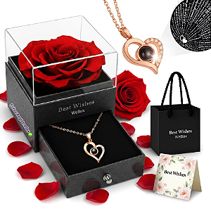 Rosa Eterna + Colar Coração — “Eu Te Amo” em 100 Idiomas Caixa Premium em Couro