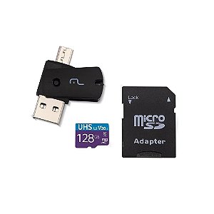 Cartão de Memória 128 GB Multilaser, MicroSD, Classe 10, com Adaptador, Mc153