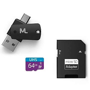 Cartão de Memória 64 GB Multilaser, MicroSD, Classe 10, com Adaptador, Mc152