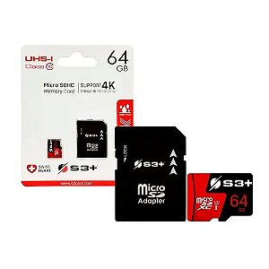 Cartão de Memória 64 GB S3+, MicroSD, Classe 10, com Adaptador, S3Sdc10U1/64Gb-R