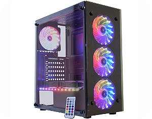 Gabinete Gamer Kmex CG-03N9 Atlantis 3, Vidros, 3 Fan 15 led 1 fita RGB Rainbow Sem Fonte