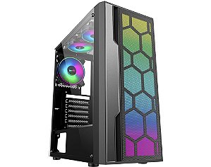 Gabinete Gamer Kmex Cg-02Tt Multiverso, Sem Fonte, Sem Fan, Led Rgb, Preto, Lateral De Vidro