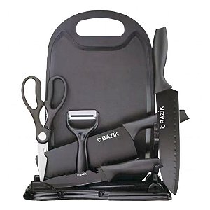 Kit Jogo Facas Aço Inox Cozinha Churrasco 7 Peças C/ Tábua BAZIK MD-12277