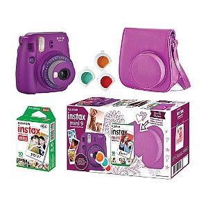 CÂMERA INSTAX MINI 9 ROXO KIT COM FILME E ESTOJO FUJIFILM INSTANTÂNEA