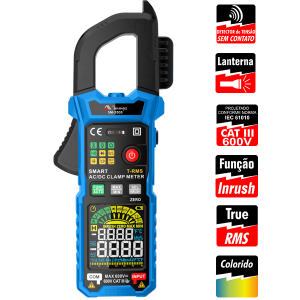 Alicate Amperímetro SMART 600A AC-DC /CAT III-600V /True RMS / Função Inrush / Display EBTN / NCV