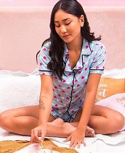 Pijama Americano Estampado Corações Rosa e Azul