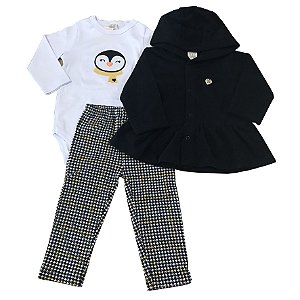 Conjunto Bebê Body Longo + Calça + Casaco Fleece Preto Pingo Lelê 66172